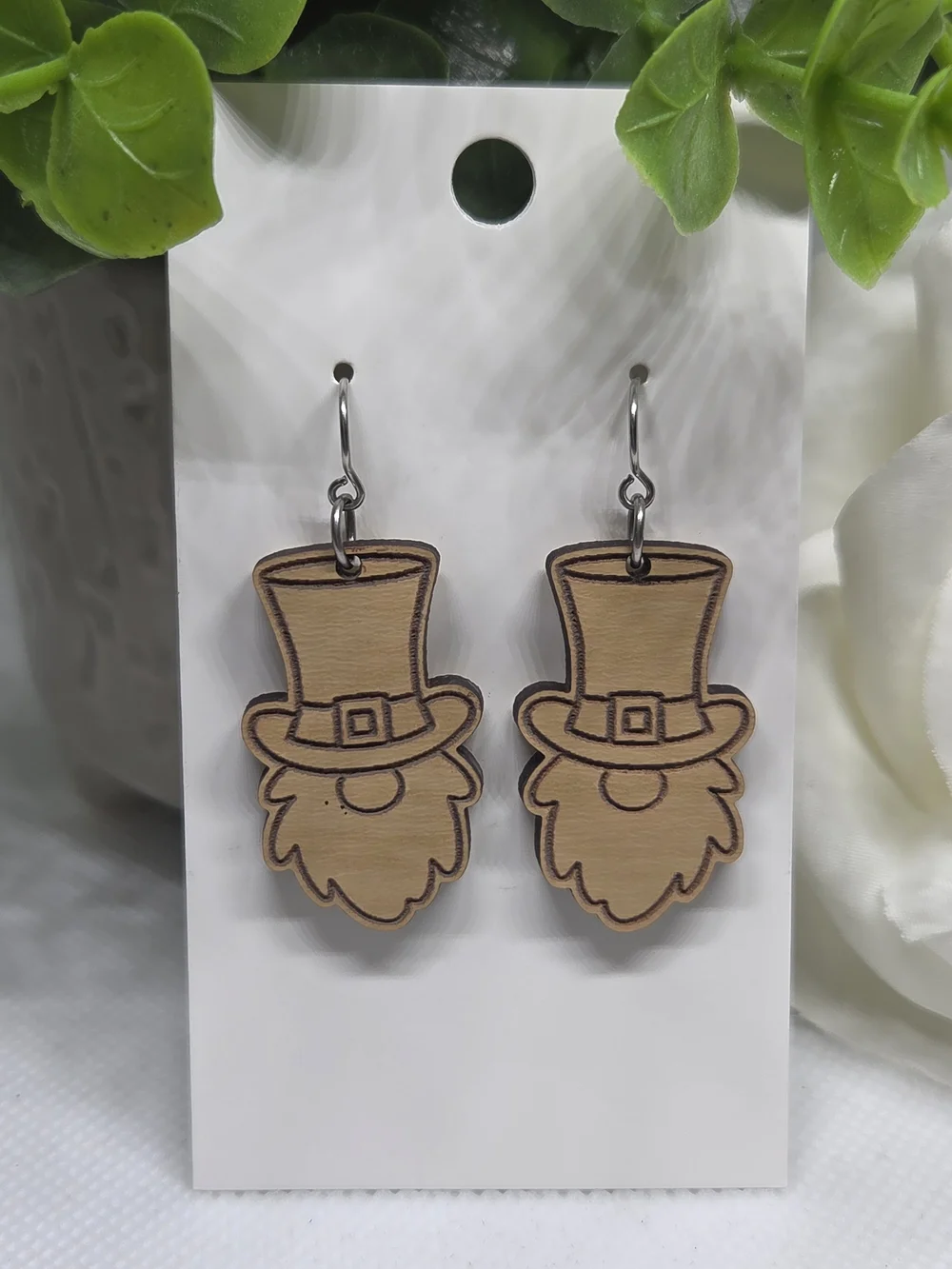 Wooden Gnome Top Hat Earrings
